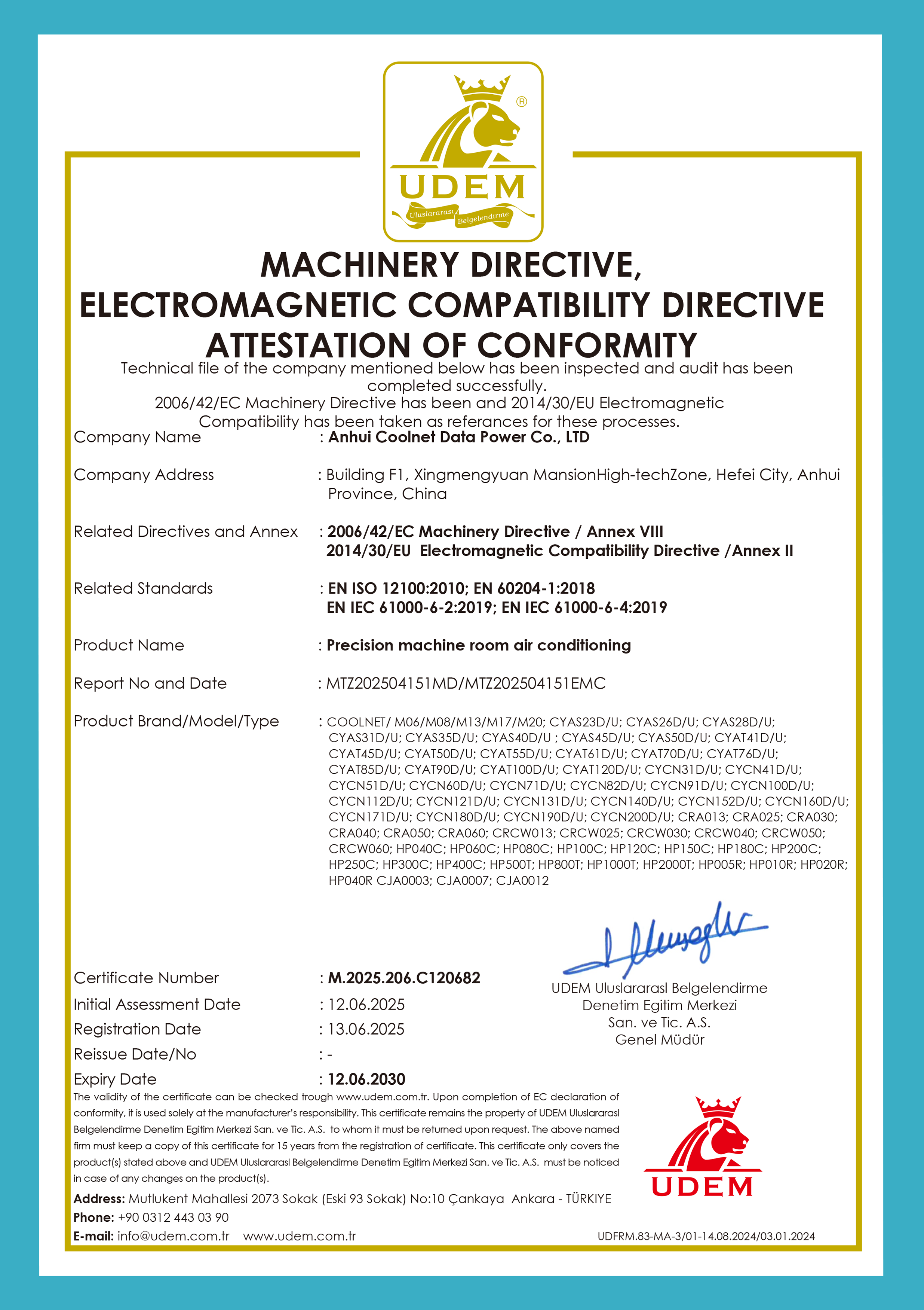 Precision cooling conformity attestation, certificate M.2025.206.C120682