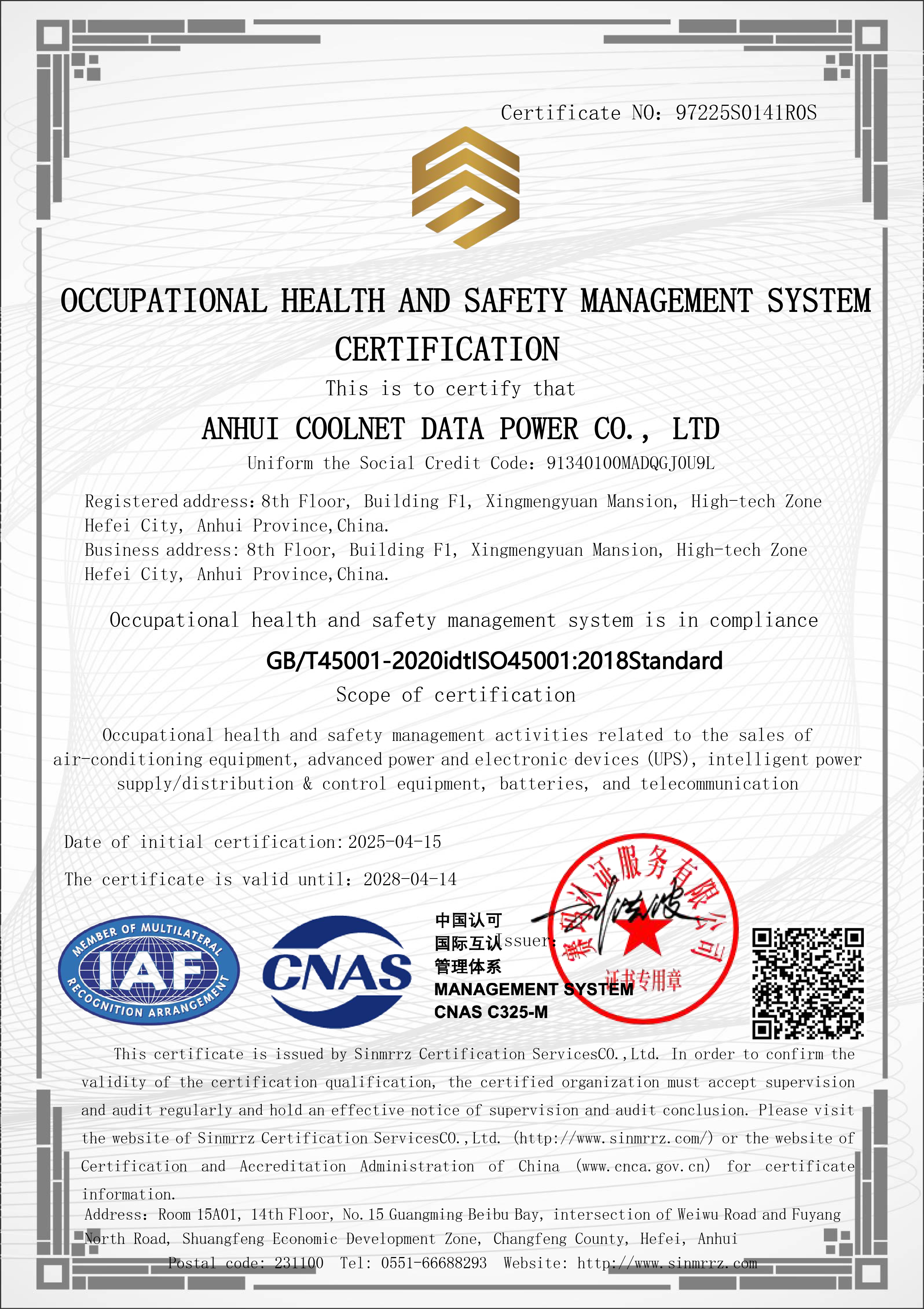 ISO 45001:2018, certificate 97225S0141R0S