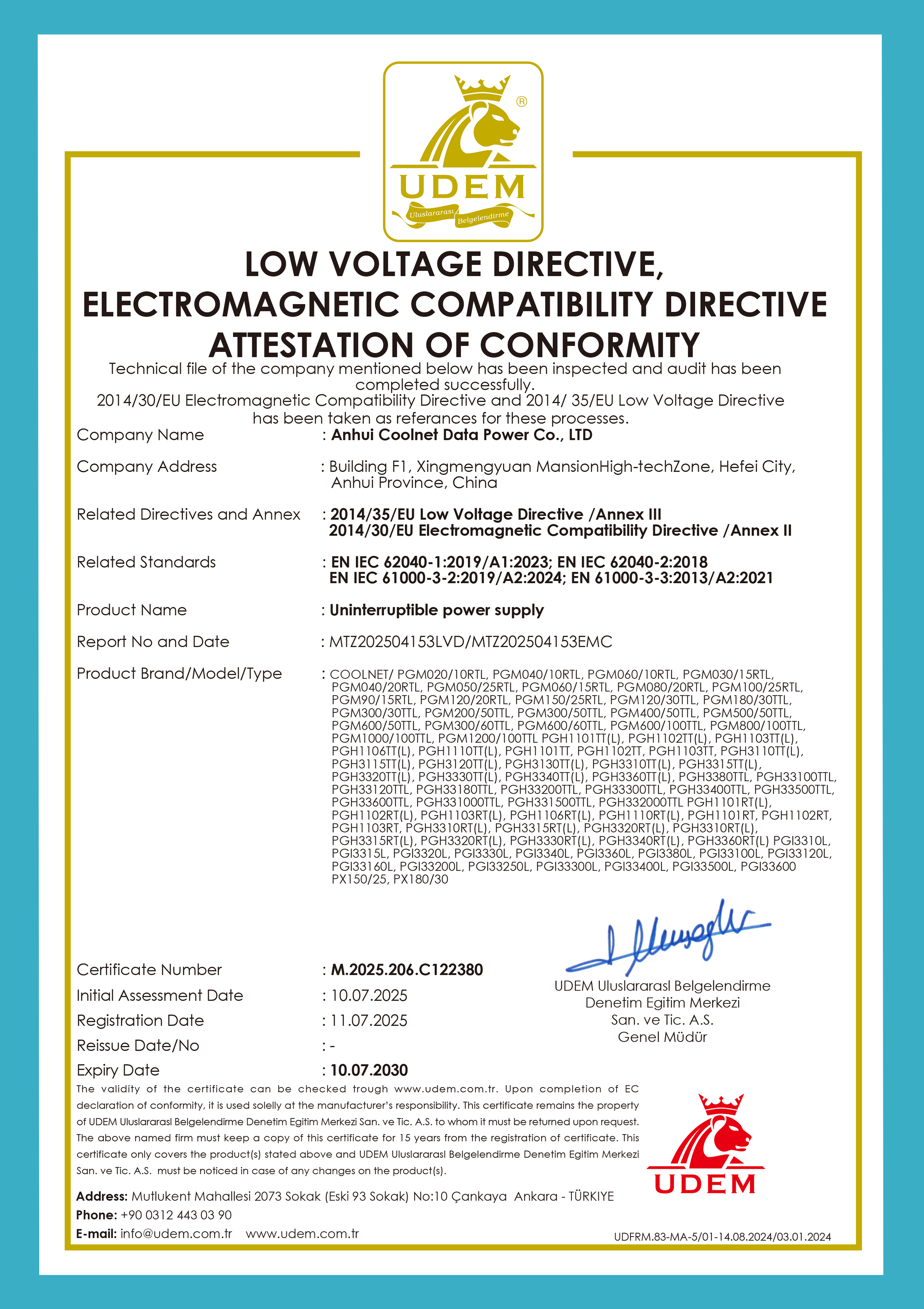 UPS conformity attestation, certificate M.2025.206.C122380