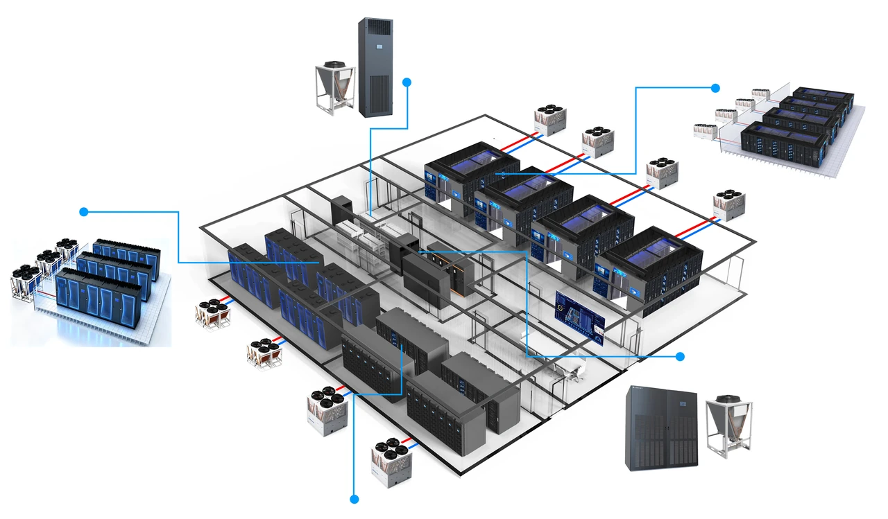 System illustration connecting cabinet rows, modular data halls and rear-door cooling to outdoor equipment