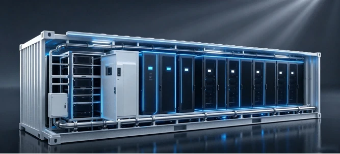Cutaway illustration of a containerized computing module with liquid-cooling pipework