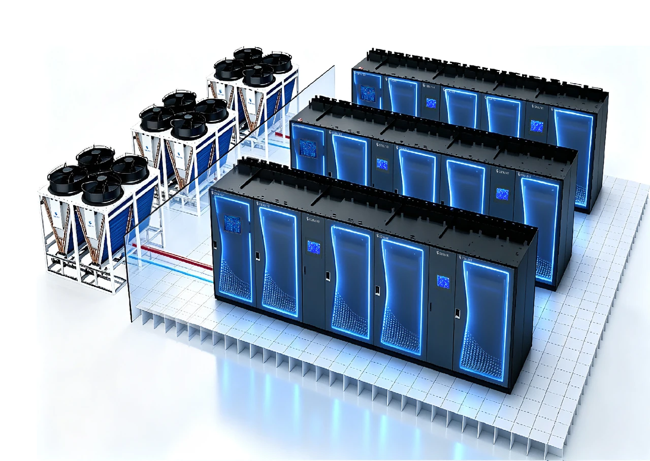 Integrated cabinet row connected to outdoor refrigerant-pump cooling units