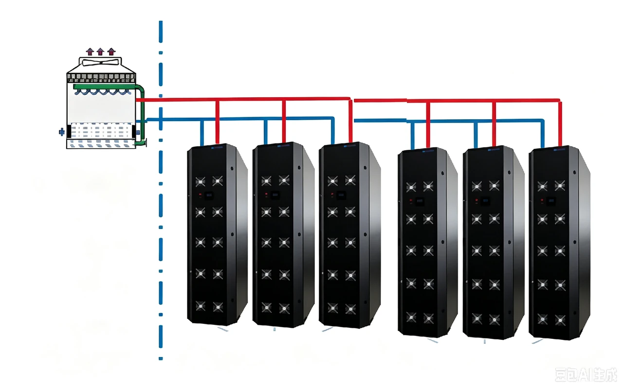 Rear-door heat exchangers connected to an outdoor cooling unit by supply and return pipework