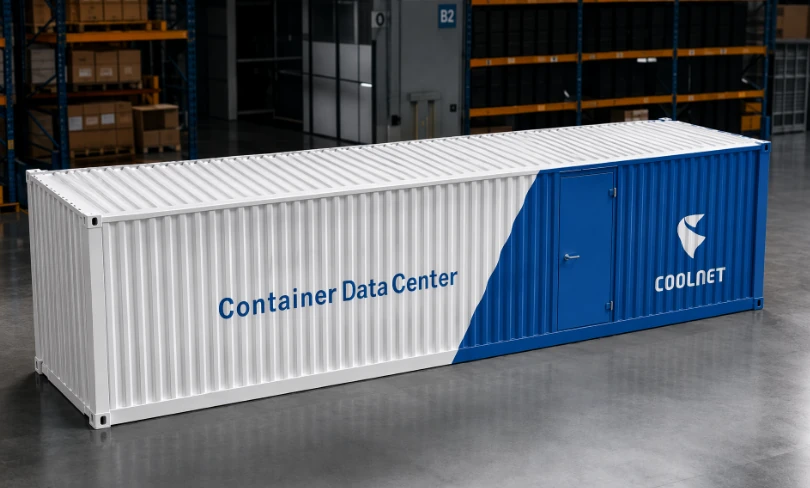 Prefabricated data-center enclosure shown with Coolnet branding