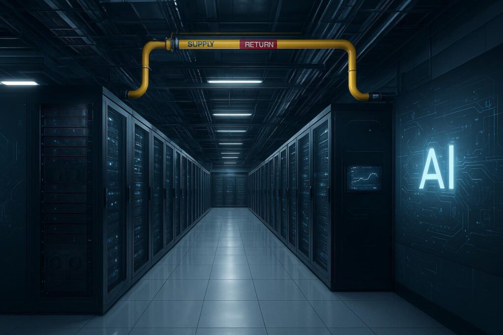 Modern AI data hall with containment, rear‑door heat exchangers, and liquid manifolds