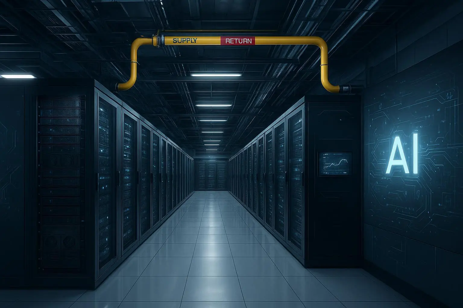 Modern AI data hall with containment, rear‑door heat exchangers, and liquid manifolds