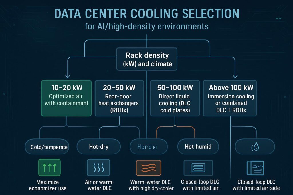 Decision tree: from rack kW and climate to air, RDHx, DLC, or immersion