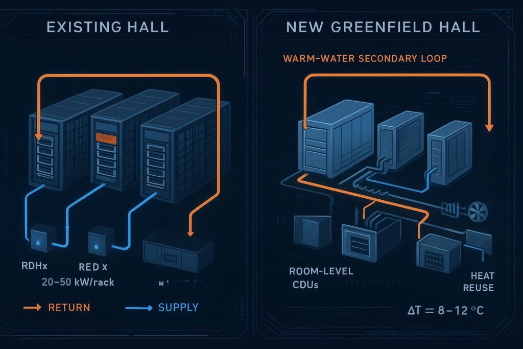 Schematic: RDHx retrofit vs DLC greenfield with warm-water loop and CDUs