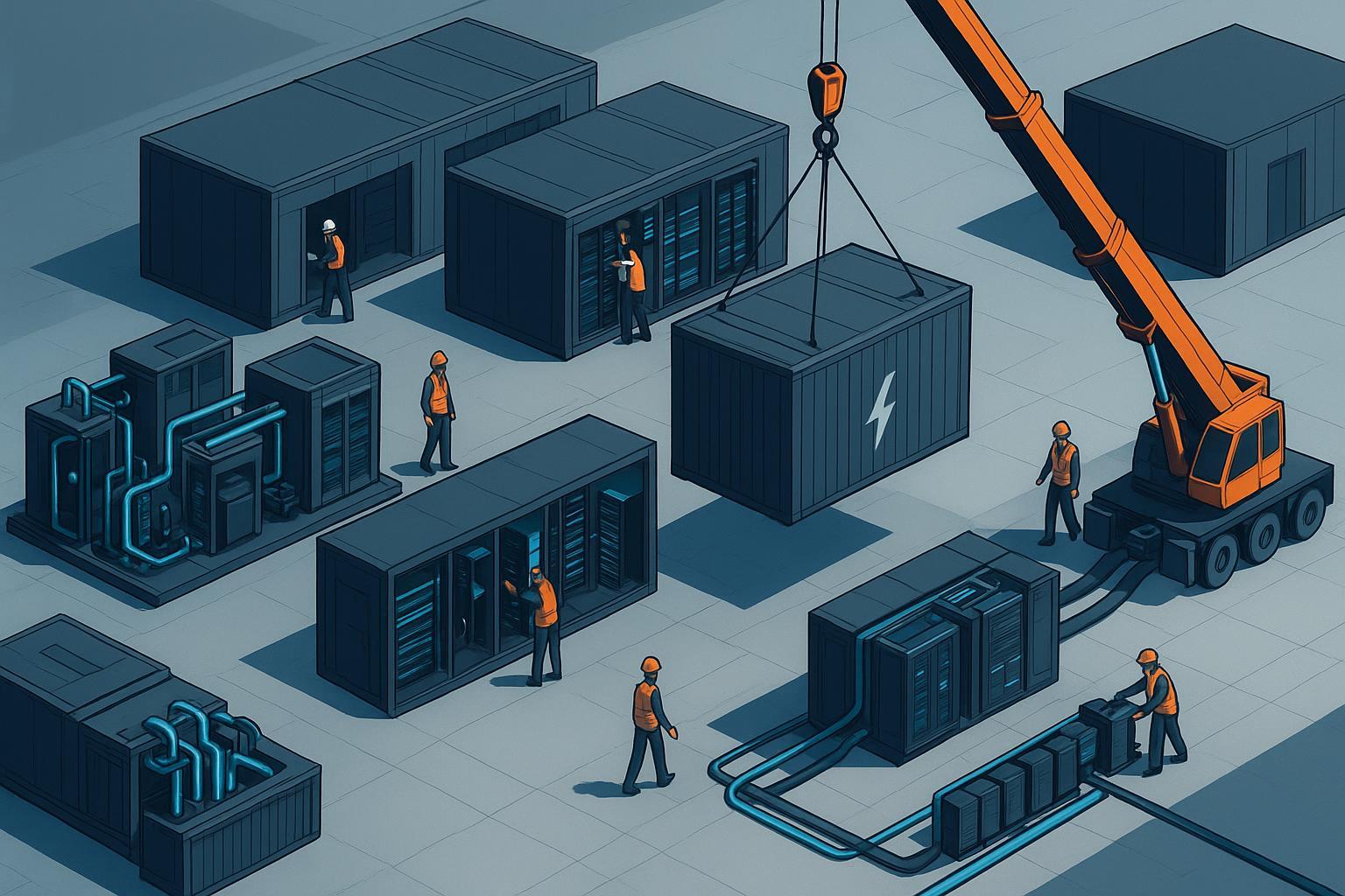 Isometric illustration of a modular data center assembled from prefabricated modules with liquid cooling and dual power paths