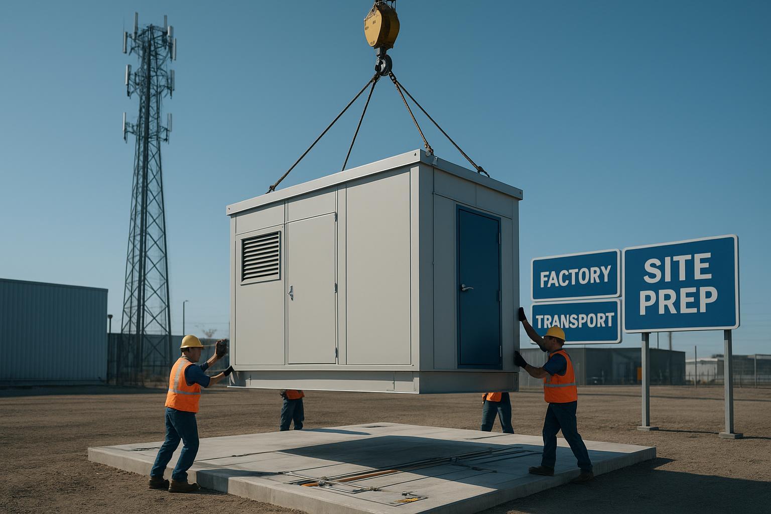 Crane placing a prefabricated modular data center on a pad at a telecom edge site next to a cell tower