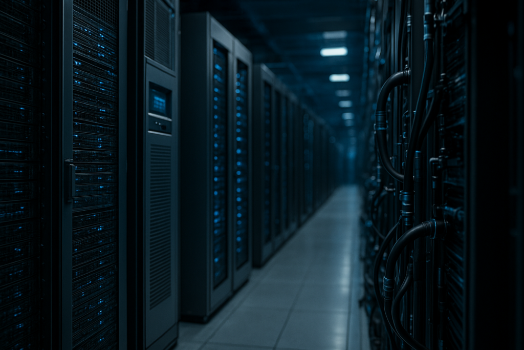 Cinematic data center scene illustrating 20–40 kW hybrid cooling with air and liquid loops