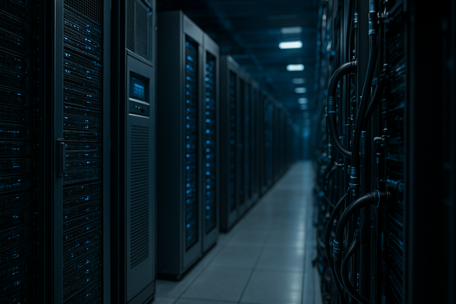 Cinematic data center scene illustrating 20–40 kW hybrid cooling with air and liquid loops