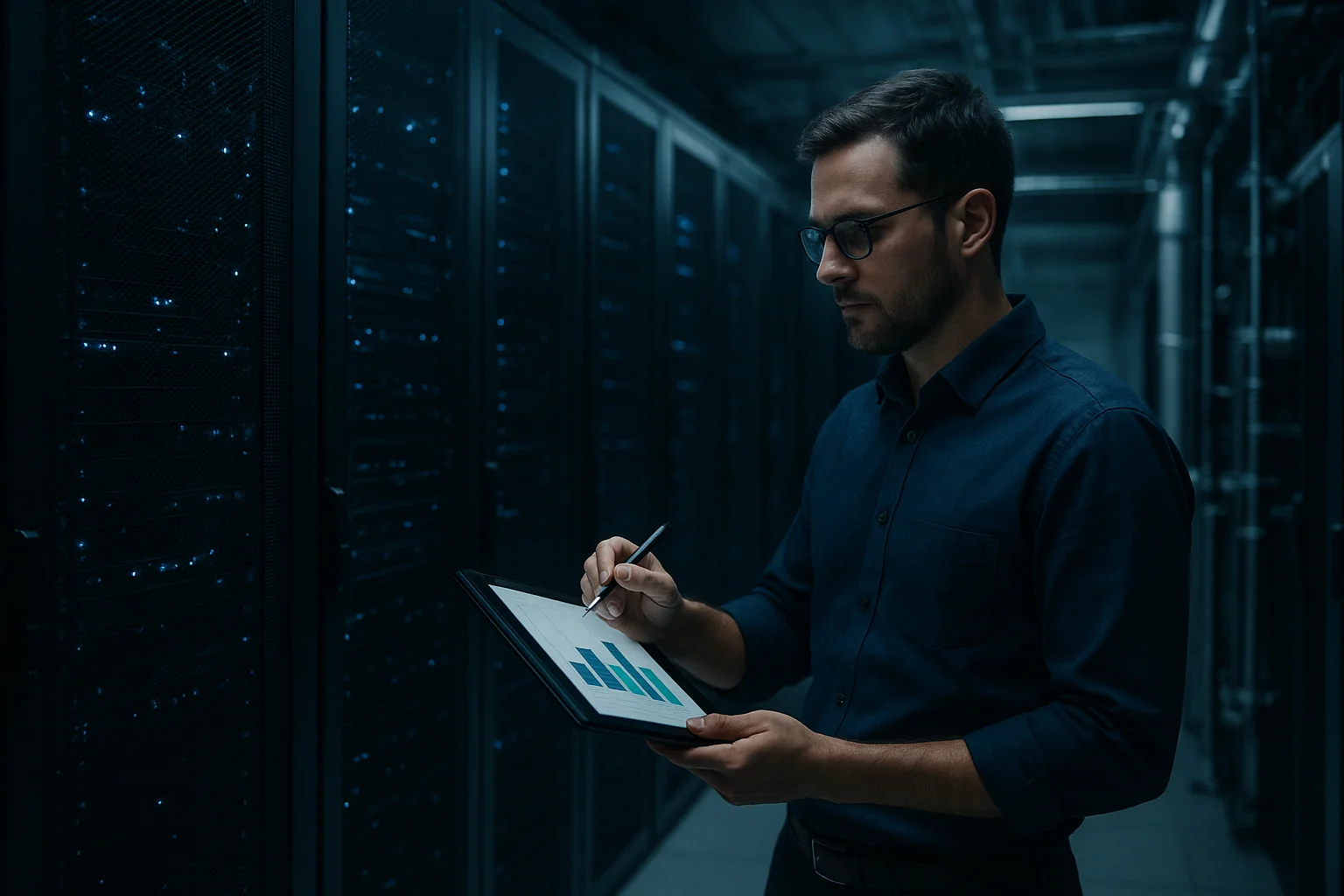 Data center cooling retrofit ROI: engineer reviewing a TCO model in a high-density server aisle