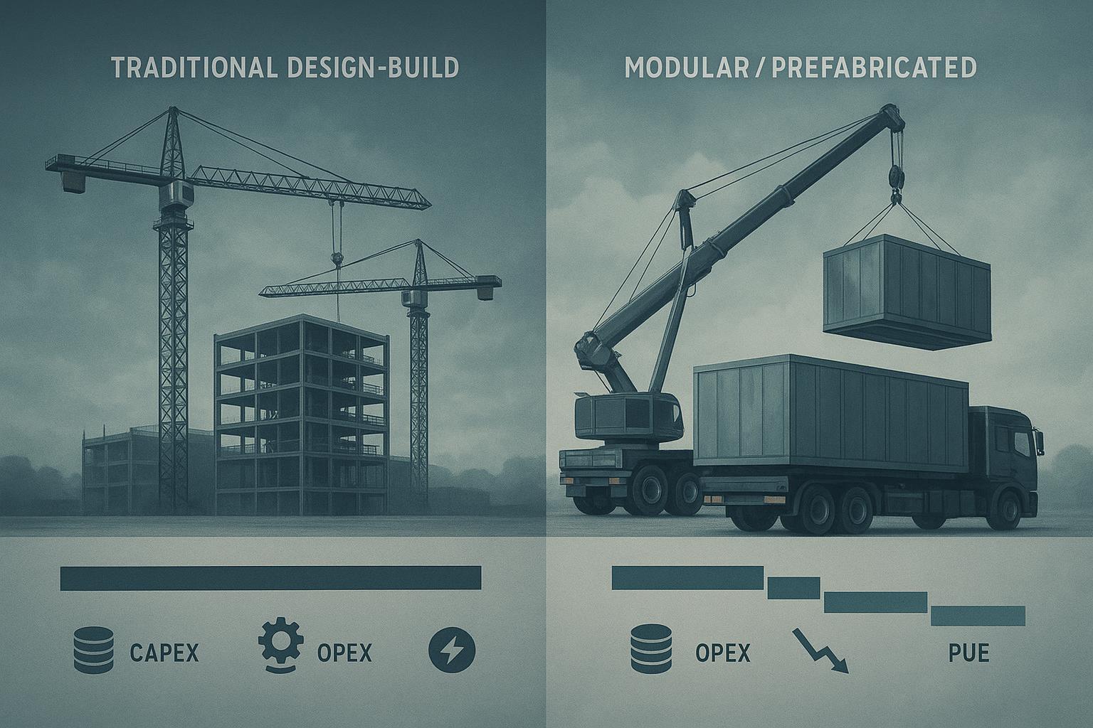 Editorial comparison of traditional vs modular data center deployment timelines with CAPEX, OPEX, and PUE indicators