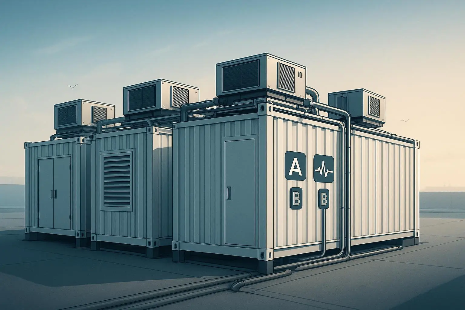 Isometric illustration of modular data center units with dual power paths and testing icons