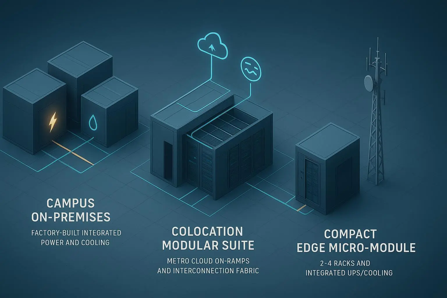 Isometric comparison of on‑prem modular block, colocation suite, and edge micro‑module with power, cooling, and network icons