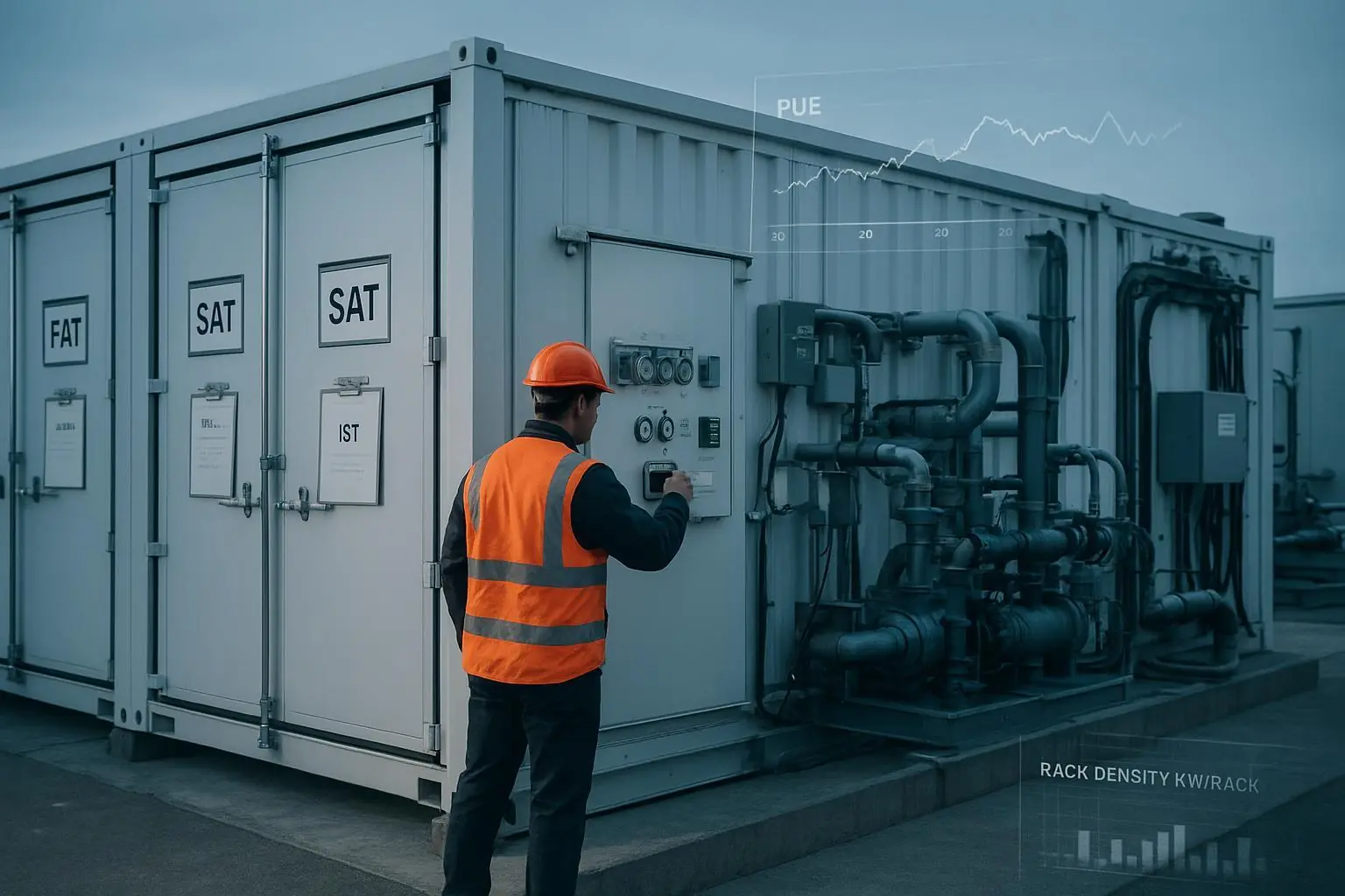 Commissioning engineer validating modular data center modules with FAT, SAT, IST checklists, PUE and rack density charts visible