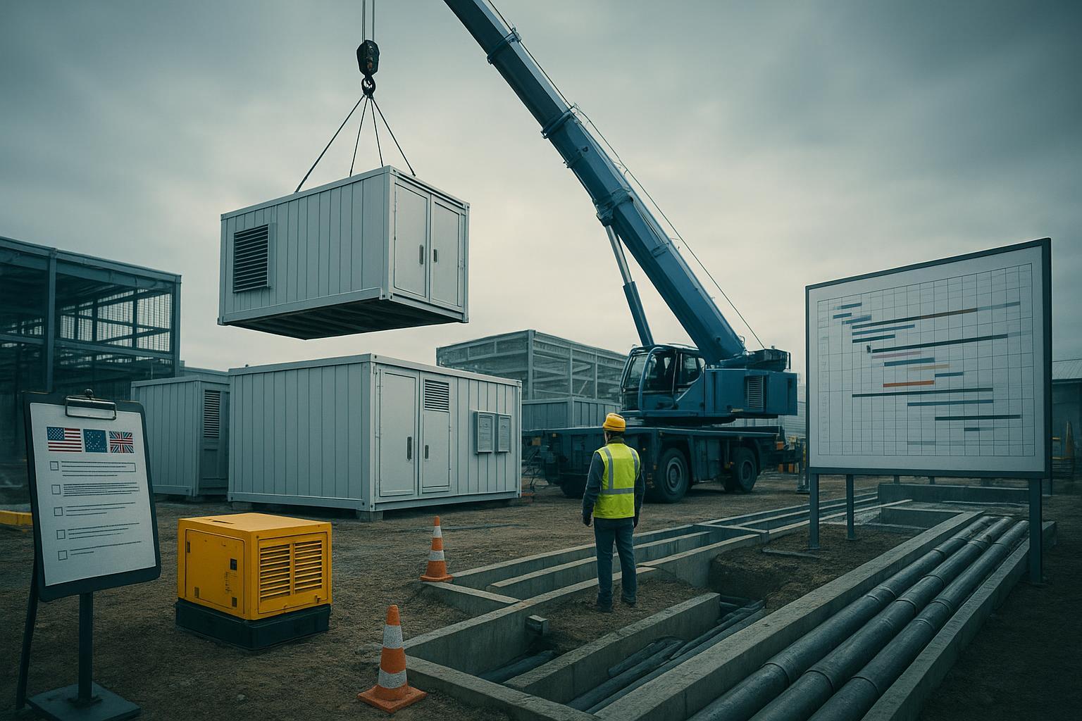 Modular data center construction scene with trenching, MV gear, and temporary power illustrating permitting and utility coordination