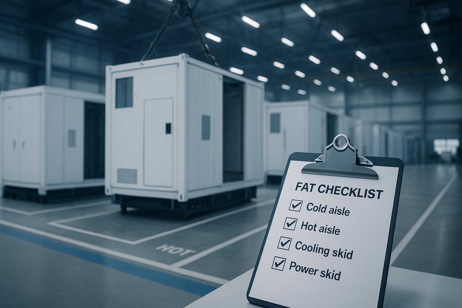 Factory assembly of prefabricated modular data center units with FAT checklist in foreground