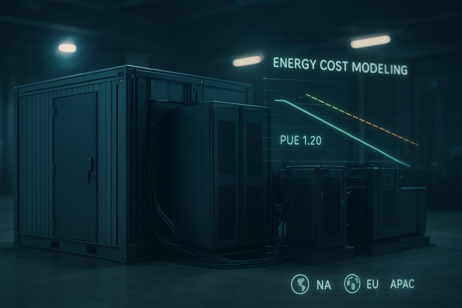Isometric illustration of a 200–400 kW modular data center pod with in-row cooling, power skids, and PUE/tariff overlays