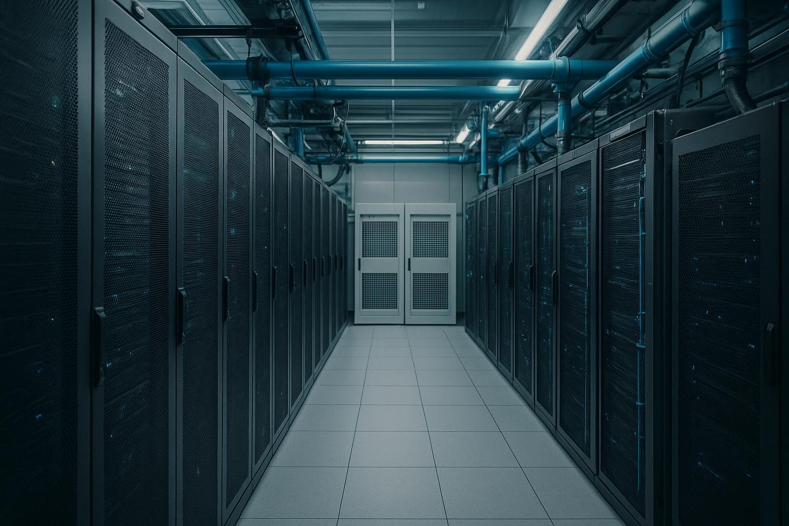 A modern data center aisle with mixed air and liquid cooling hardware.