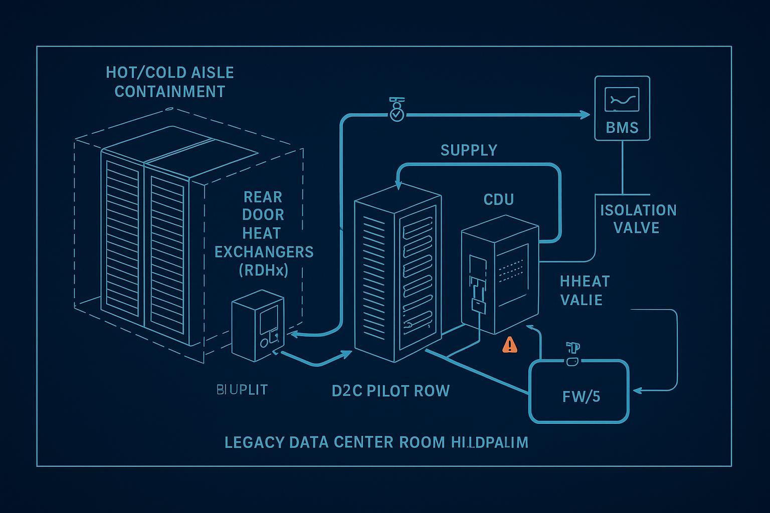 A simplified diagram showing RDHx and direct-to-chip manifolds with a CDU in a legacy room.
