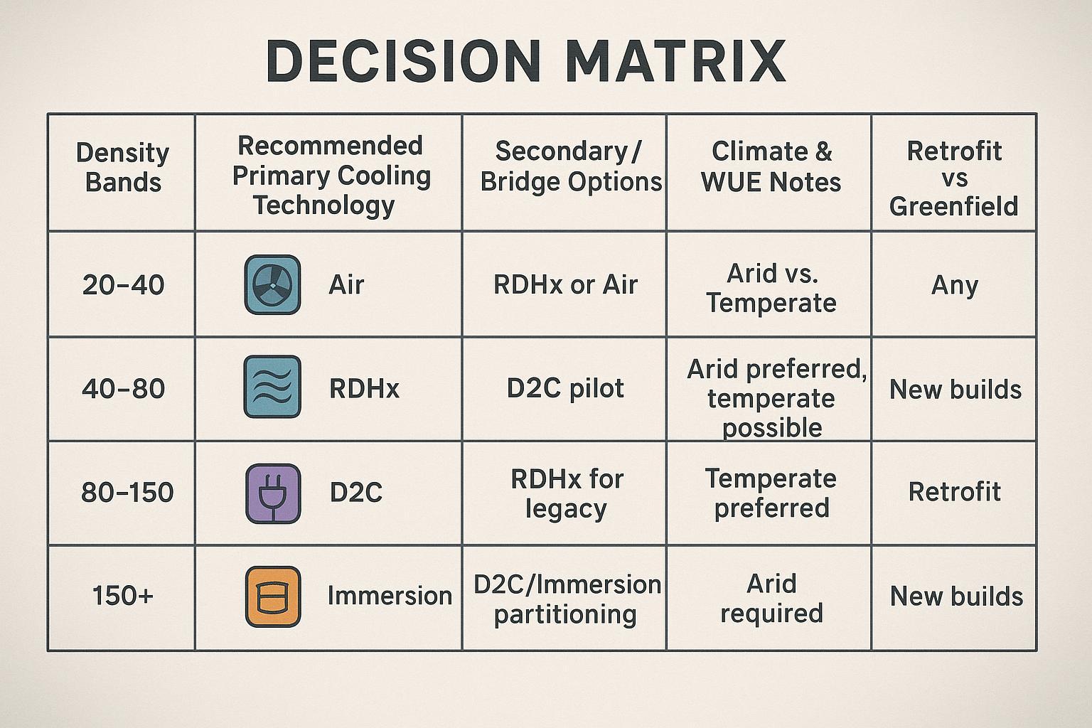 A decision matrix mapping density bands to air, RDHx, D2C, and immersion cooling.