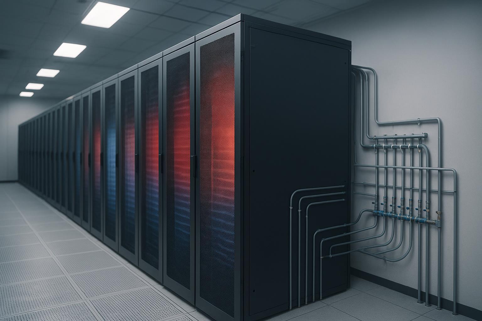Data center aisle with racks using rear-door heat exchangers showing airflow and water manifolds