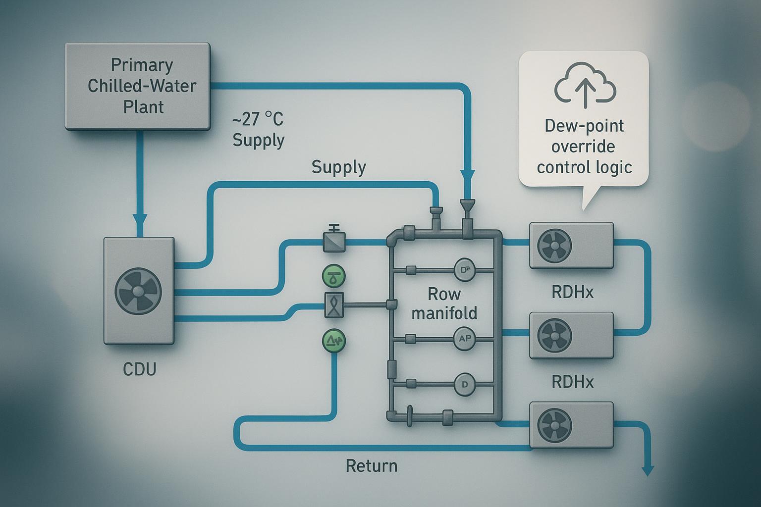 Rear-door heat exchanger water loop with CDU and row manifolds schematic