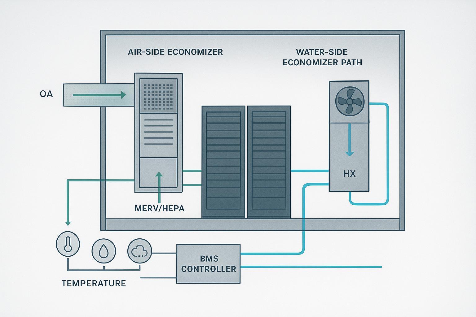 Schematic of an edge server room with air-side and water-side economizer paths and BMS sensors
