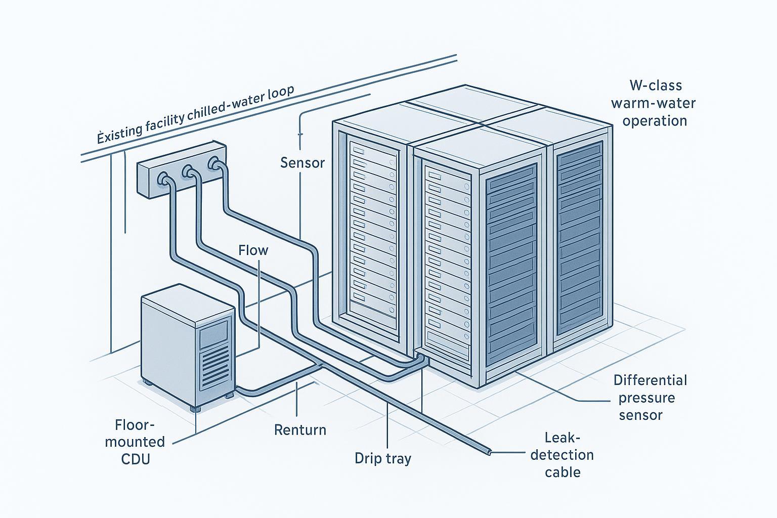 Edge micro data center with CDU, manifolds, and sensors for direct-to-chip liquid cooling at 20–40 kW