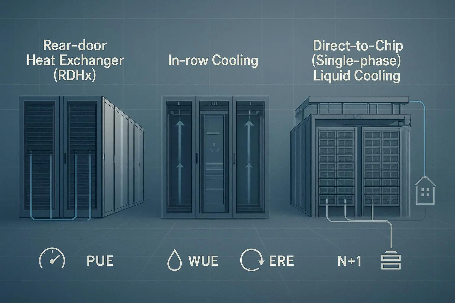 Cover image comparing RDHx, in-row, and direct-to-chip liquid cooling in a data center aisle schematic