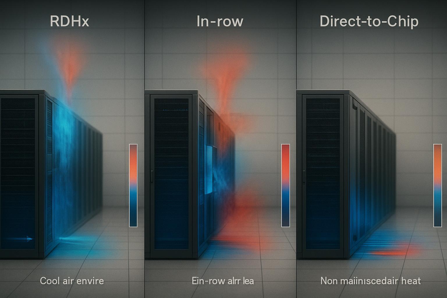 Conceptual CFD plume comparison: RDHx vs In-row vs Direct-to-Chip (single-phase) in identical aisles