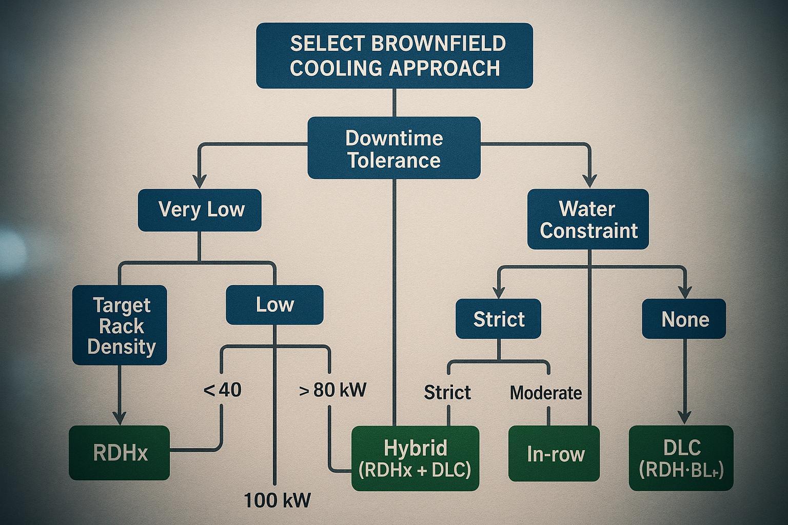Decision tree for choosing RDHx, In-row, DLC, or Hybrid in brownfield retrofits