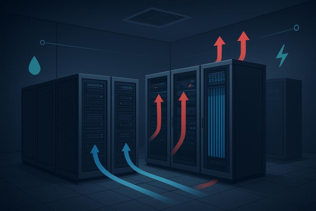 Illustration of a mixed‑density server room with aisle containment, airflow arrows, and rear‑door heat exchangers representing PUE and WUE concepts.
