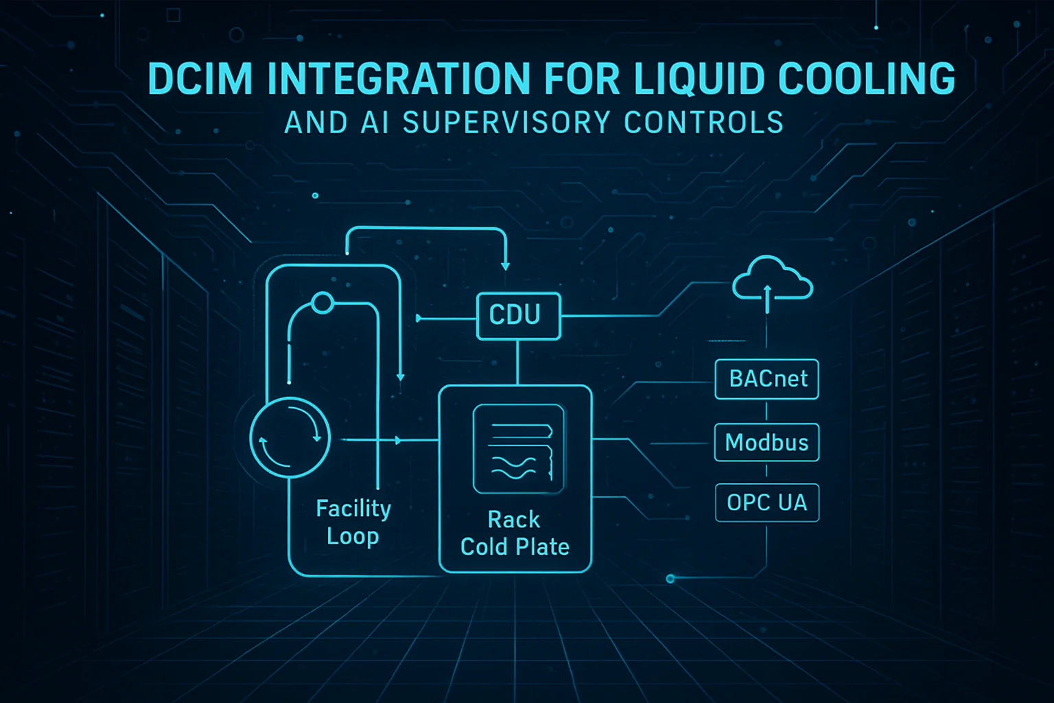 Cover image showing a data center liquid-cooling loop and protocol layer diagram for DCIM integration for liquid cooling.