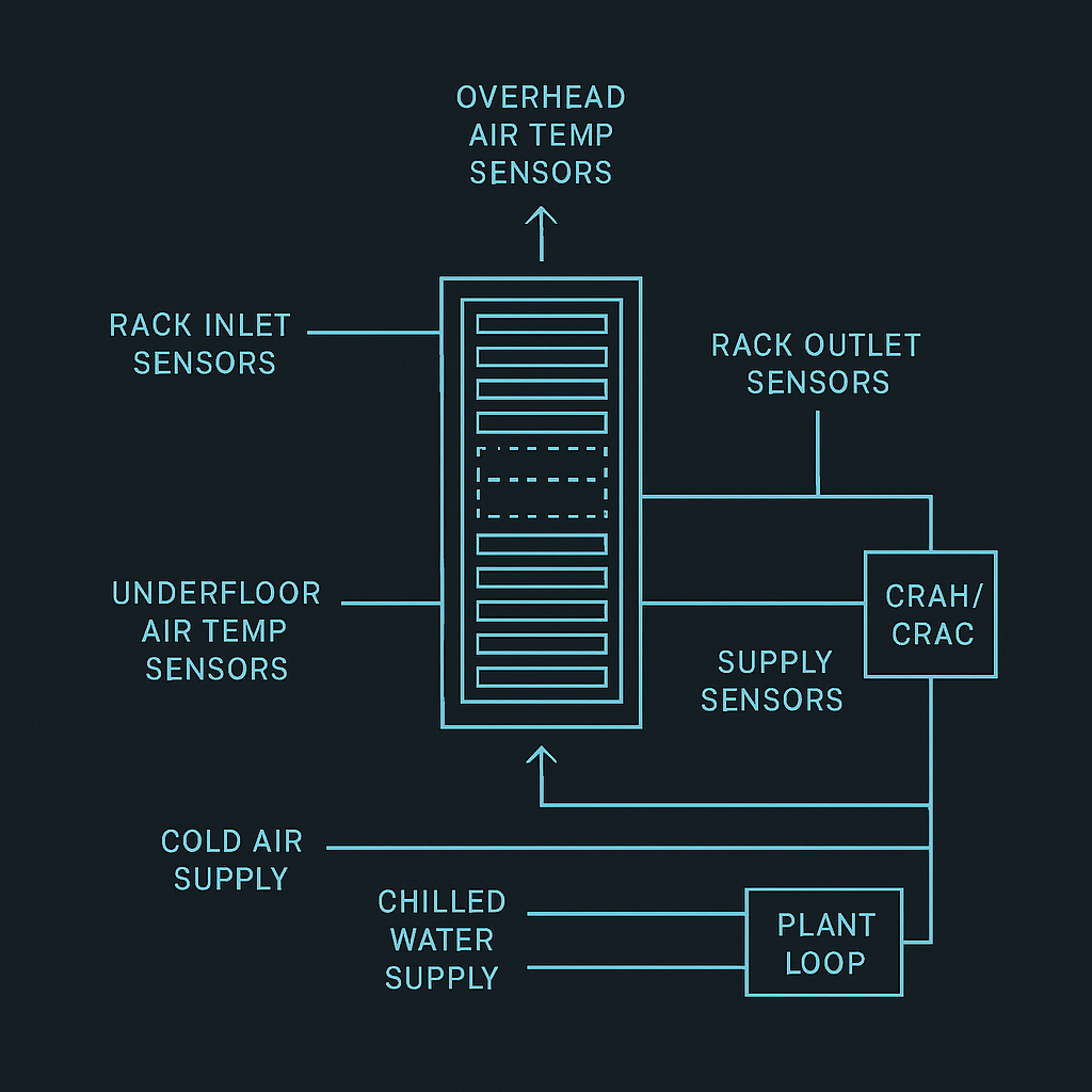 Schematic: sensor placement (rack inlet/outlet, air temps, CRAH/CRAC, chilled water loop)