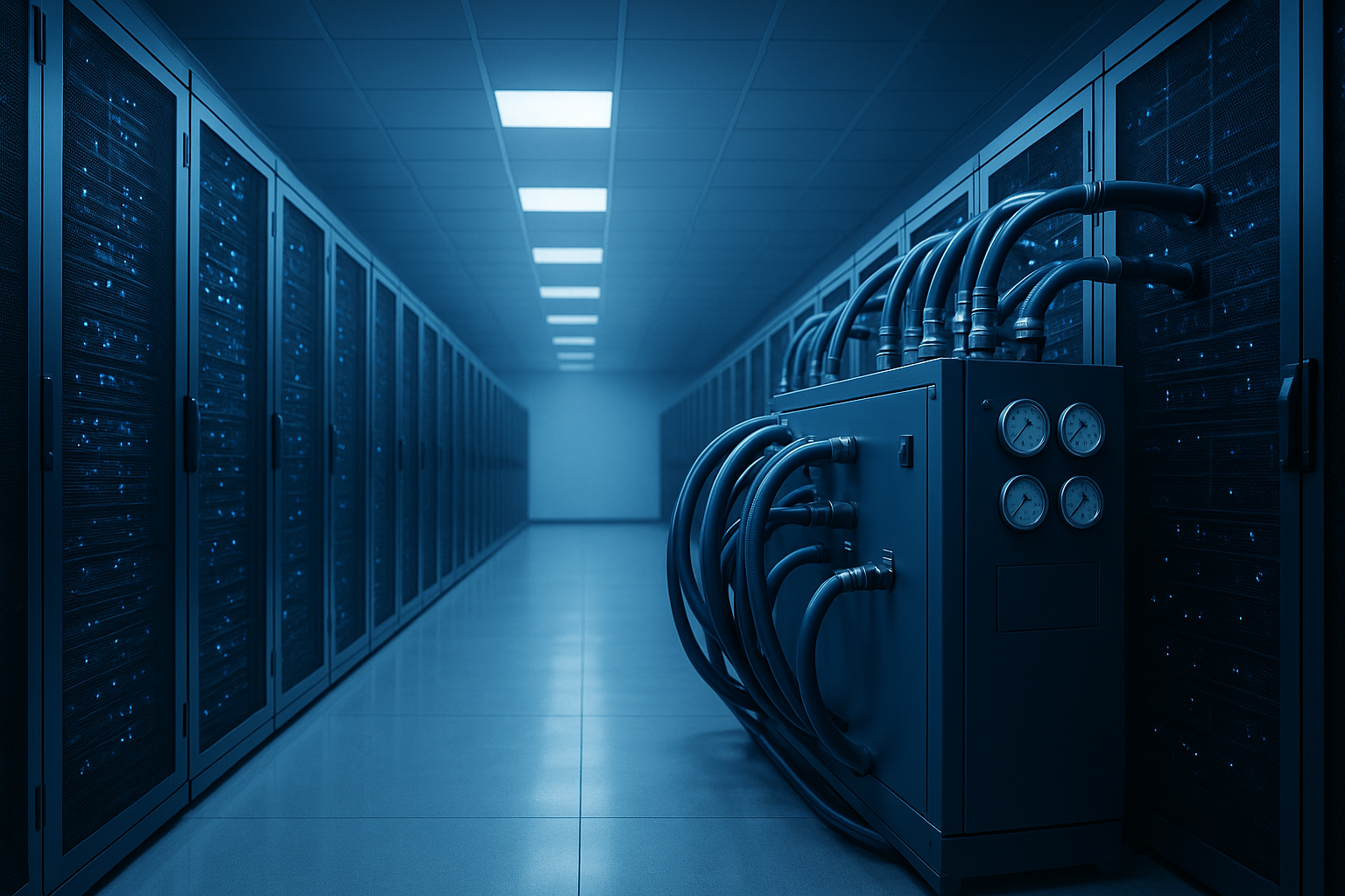 Technician reviewing a pricing worksheet in a liquid-cooled AI/HPC colocation data center aisle