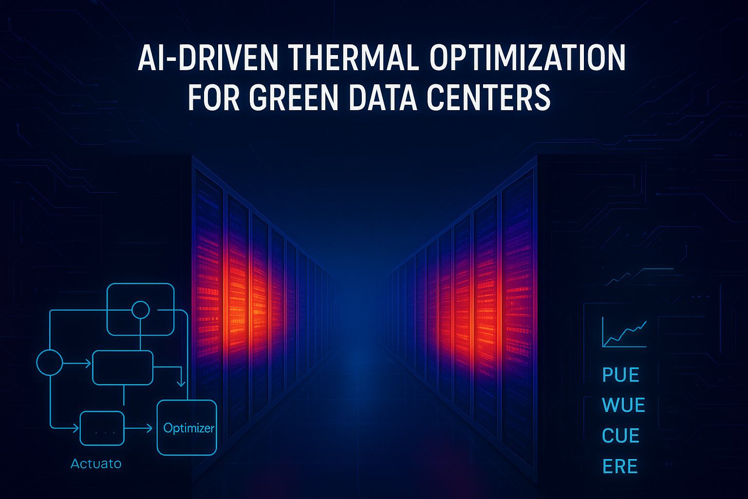 AI-driven thermal optimization for green data centers — abstract thermal map and control-loop overlay