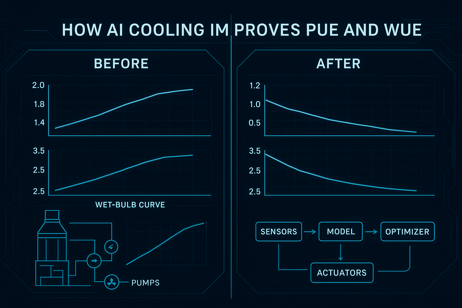 Tech-style before/after dashboard showing how AI cooling improves PUE and WUE