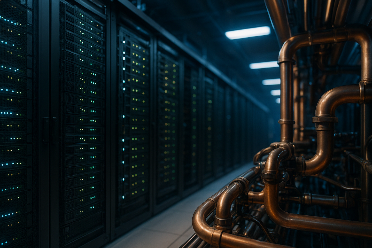 Cinematic photo of a high-density AI data center row with liquid-cooling pipes beside GPU server racks.