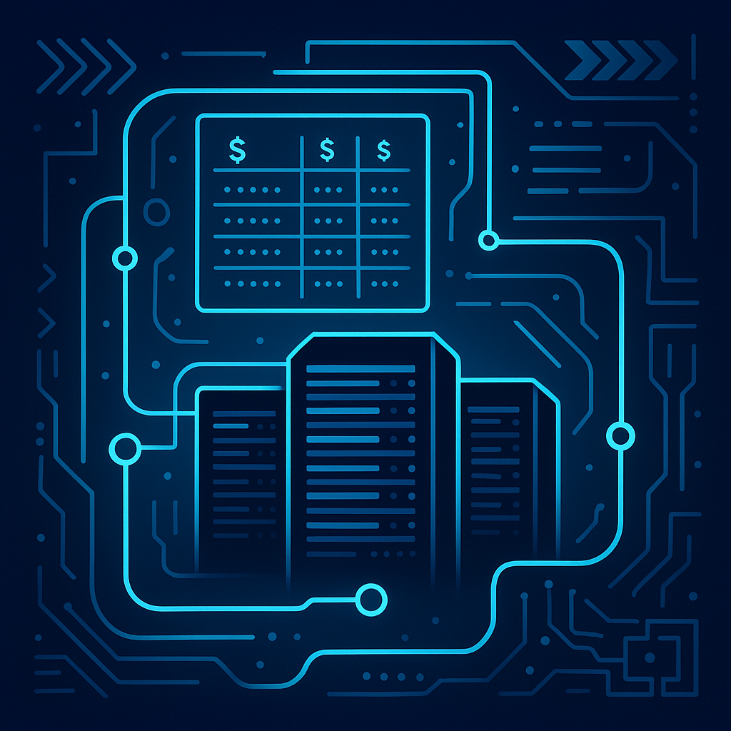 Abstract data center racks with liquid cooling loop lines and a per‑kW pricing grid overlay