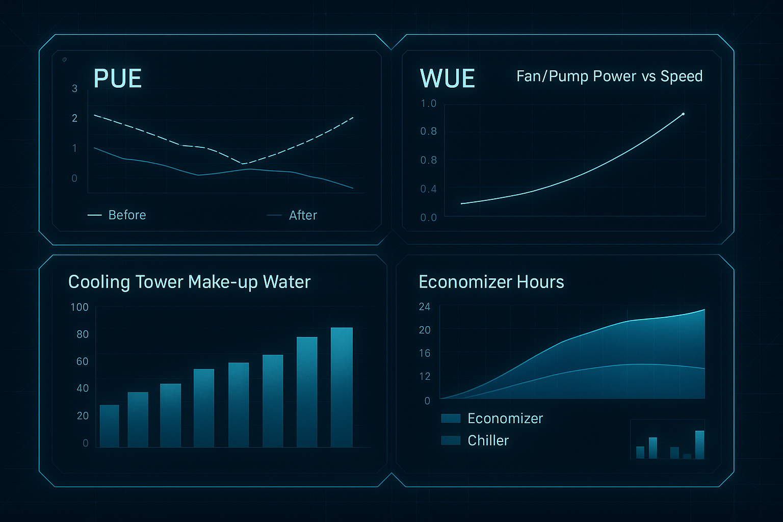 Example before/after dashboard layout for PUE/WUE, economizer hours, and fan/pump curves
