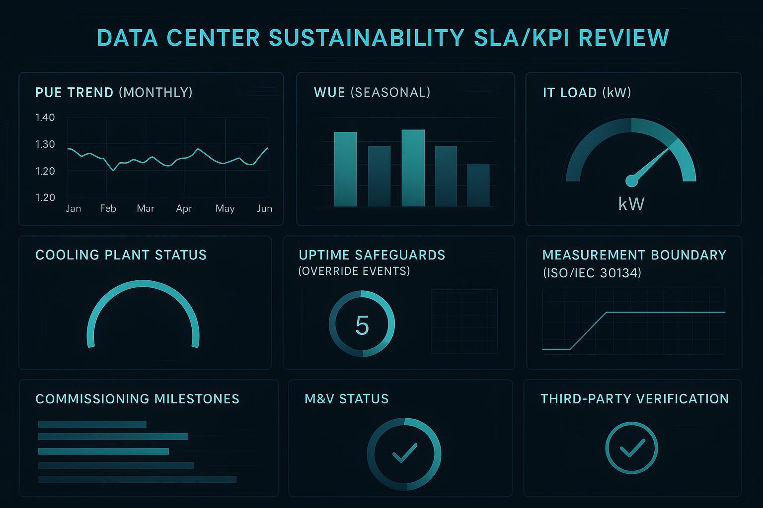 Sample PUE/WUE SLA dashboard mockup with panels for PUE trend, WUE seasonal view, overrides, M&V status, and commissioning milestones