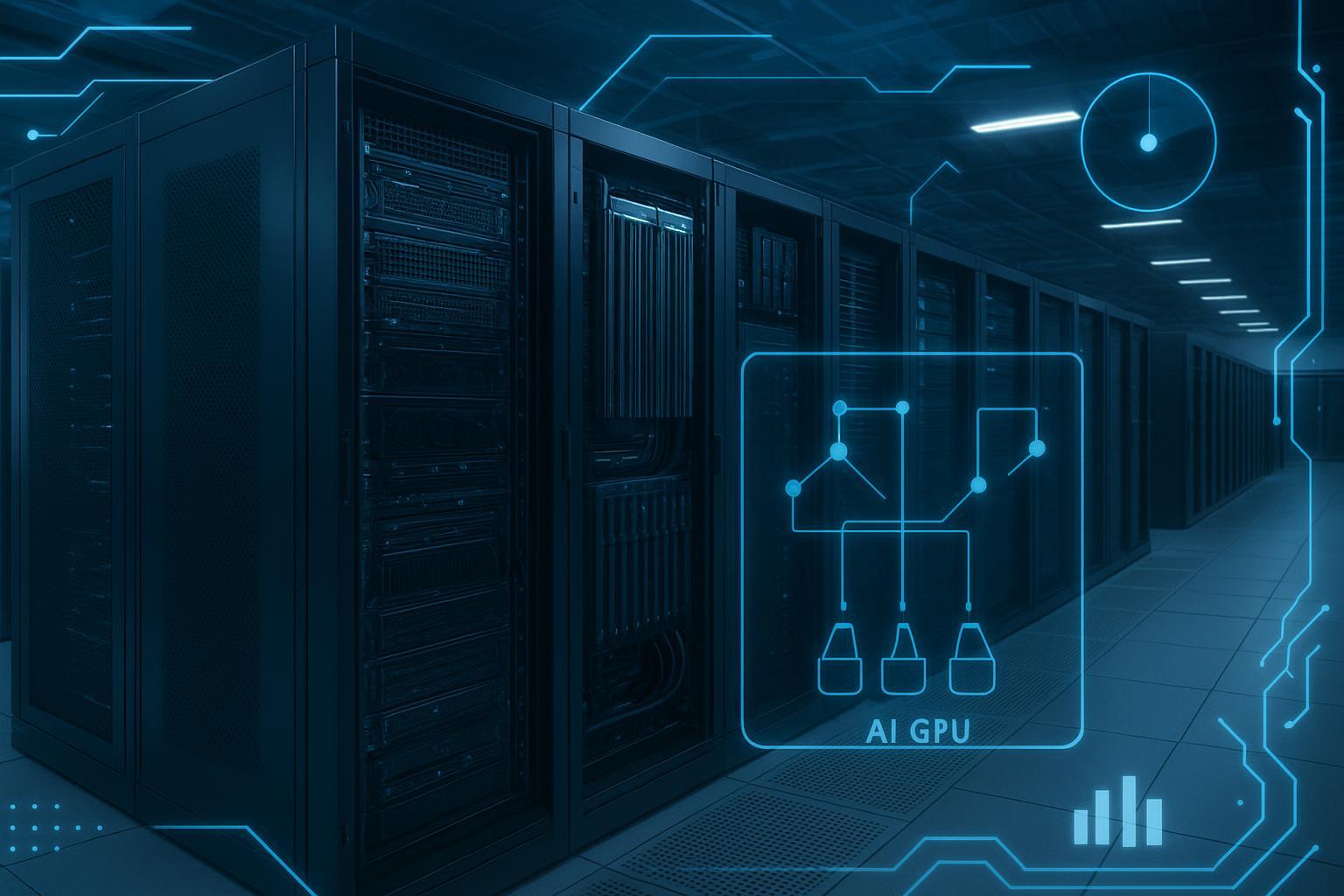 Cover image of a mixed air and liquid cooled data hall with AI GPU racks and a hybrid topology overlay.