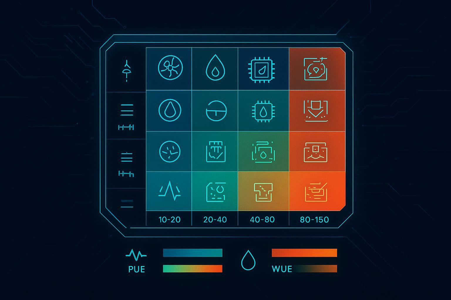 Infographic showing a decision matrix mapping density tiers, climate, and retrofit limits to air, RDHx, direct-to-chip liquid, or immersion with PUE and WUE bands