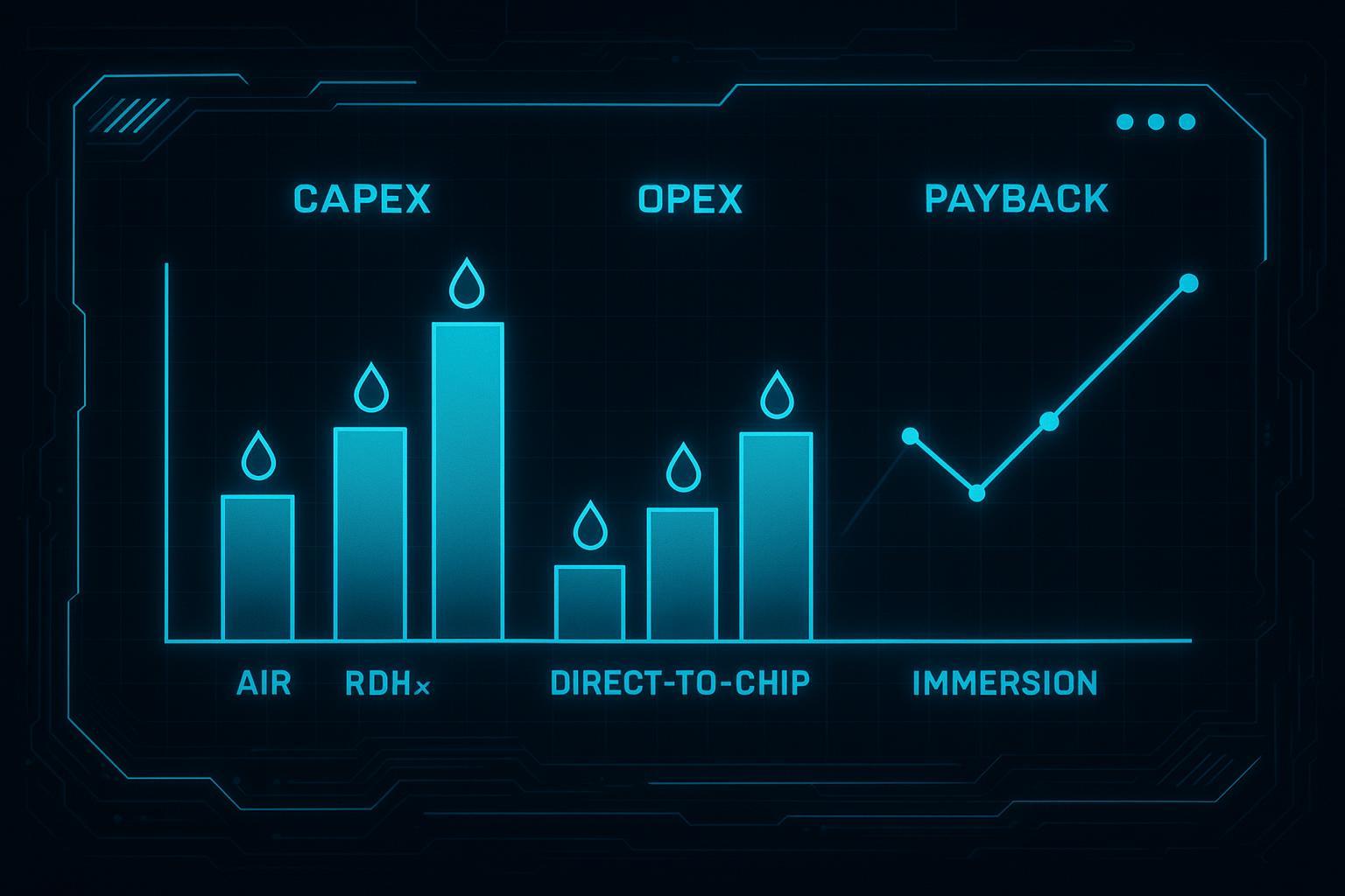 Comparative chart showing CAPEX, OPEX, and payback trade-offs across air, RDHx, direct-to-chip, and immersion with WUE notes