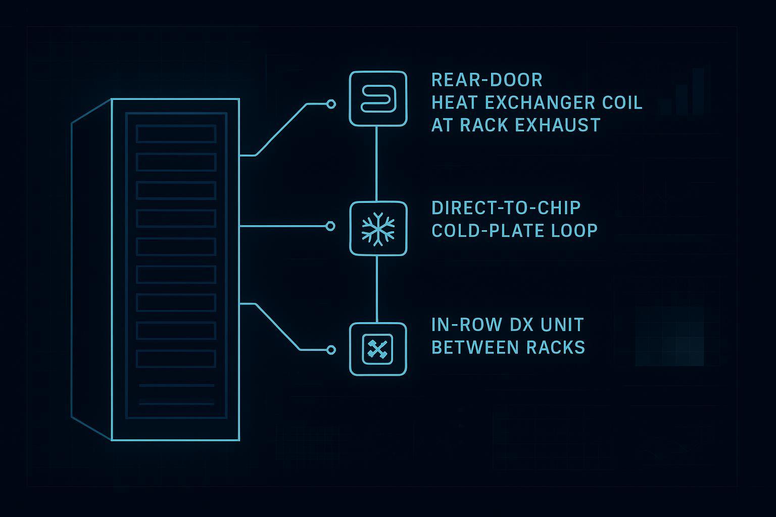 Edge data center cooling architecture decision tree showing RDHx, direct-to-chip liquid, and in-row DX pathways.