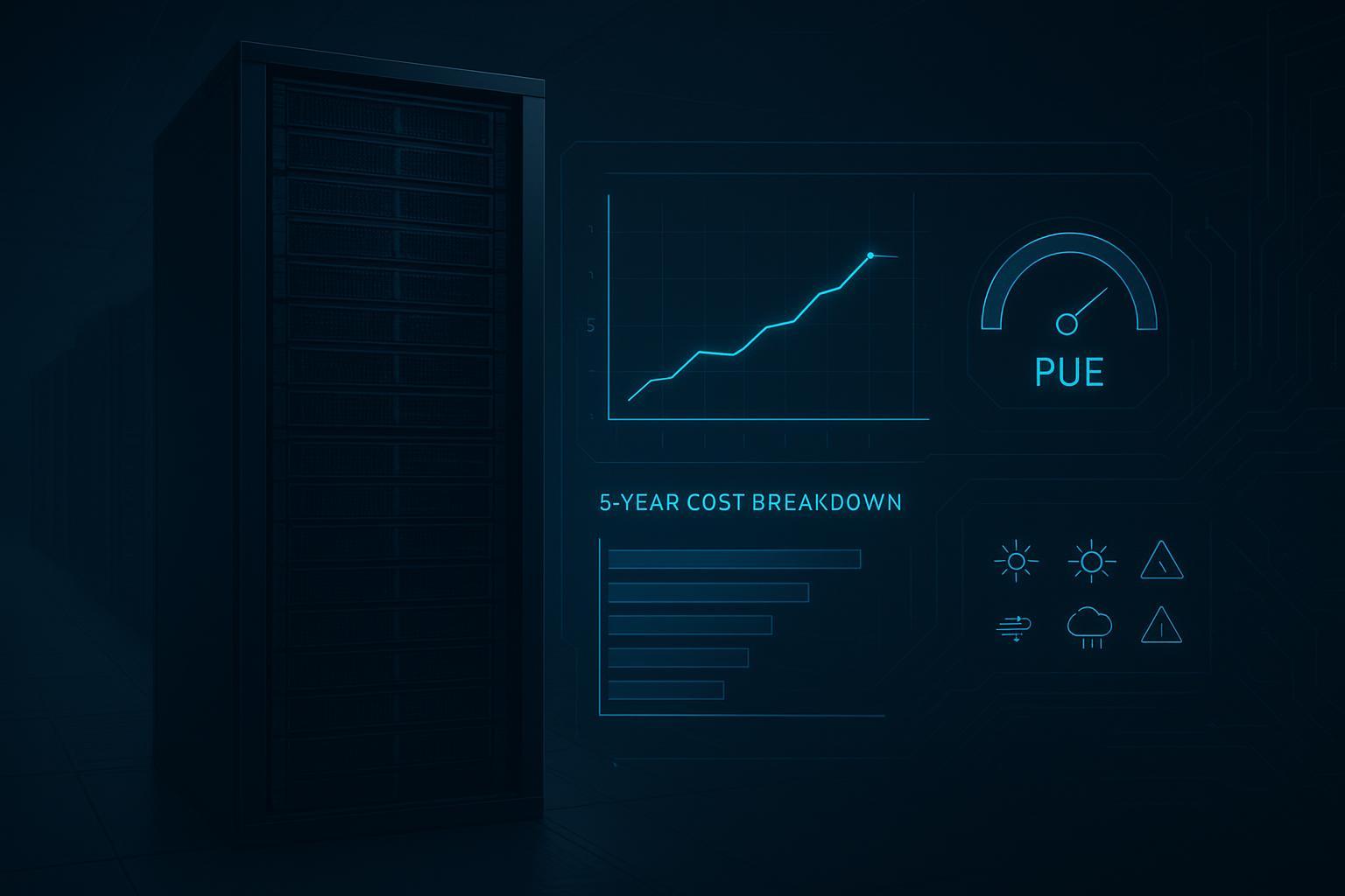 High-density rack with dashboard overlays for 5-year TCO and climate-adjusted PUE benchmarks
