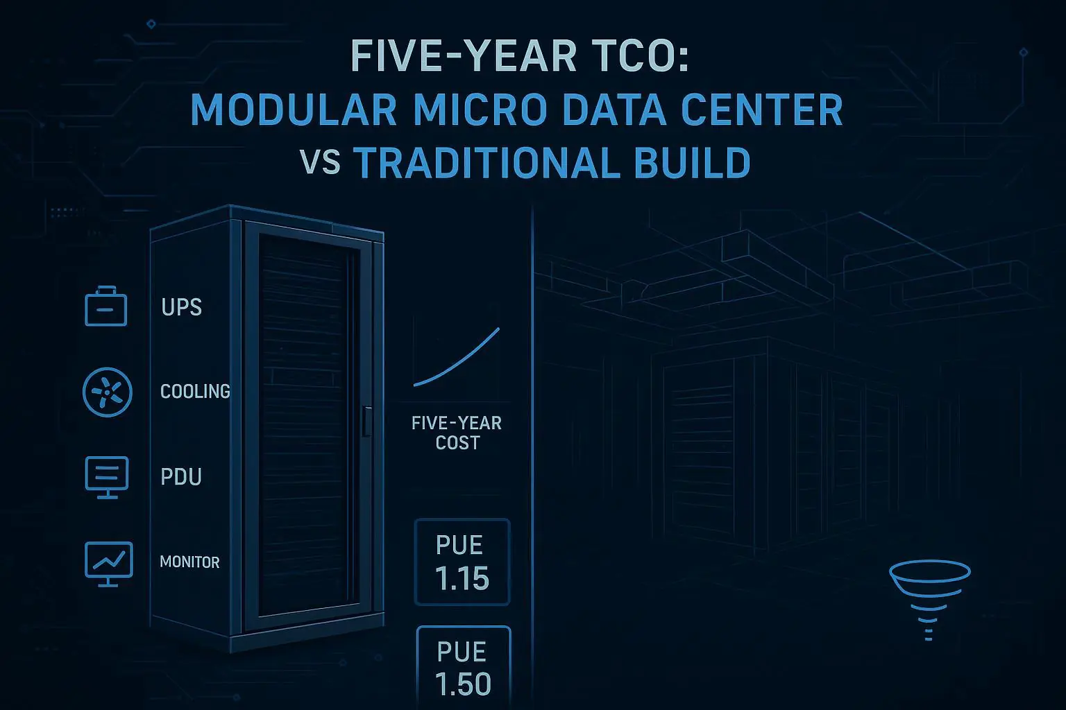 Split-screen comparison of modular micro data center vs traditional build with five-year TCO and PUE scenario overlays.